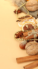 composition of christmas spices, on beige background