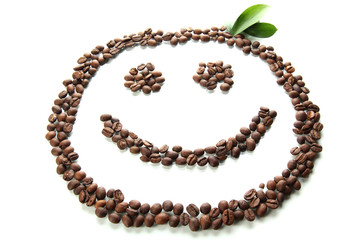 Coffee beans with leaves isolated on white