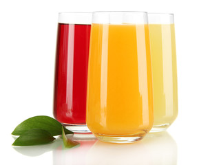 Glasses of juise and leafs isolated on white