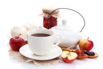 light breakfast with tea and homemade jam, isolated on white