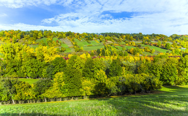 Fototapeta na wymiar Wzgórza i łąki w uroczej dolinie