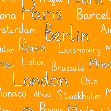 European cities typographic orange seamless background, vector
