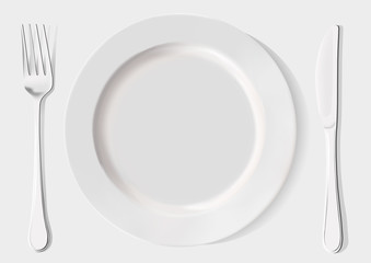 white plate, fork and knife on a white background
