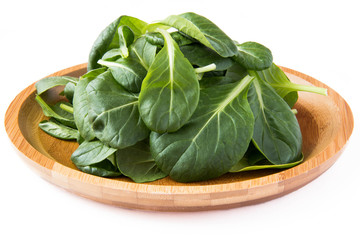 Fresh spinach leaves in wooden plate