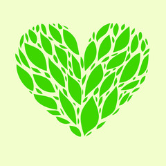 Nature lover green spring leaves floral heart, vector card