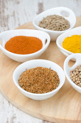 collection of spices in white bowls (coriander, cumin, paprika)