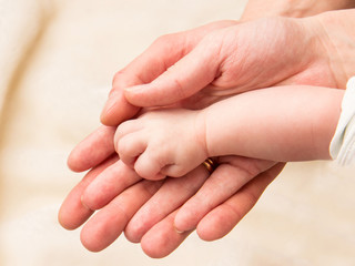 Closeup of baby hand into parents hands