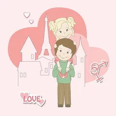 Stickers pour porte Doodle Couple romantique d& 39 amoureux sur fond urbain