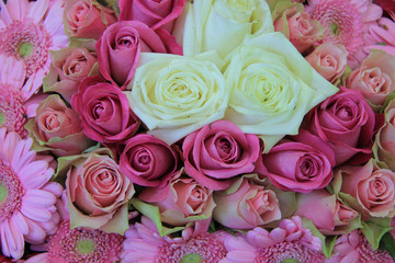 Pink bridal, flower arrangement, roses and gerberas