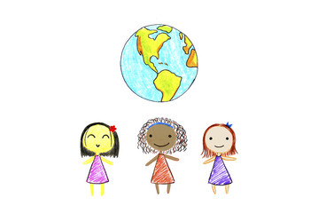 Children of different nationalities and Earth