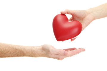 Red heart in woman and man hands, isolated on white
