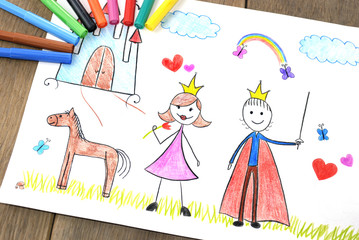 Obraz na płótnie Canvas Kids drawing princess and prince