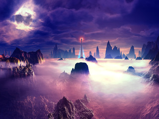 Fototapeta premium Watchtower Set in Dense Fog on Hositle Planet
