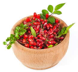 Branches of barberries in wooden bowl