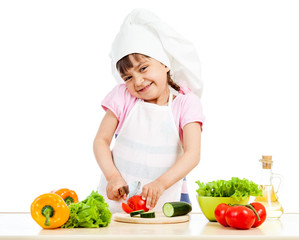 Chef girl preparing healthy food over white background