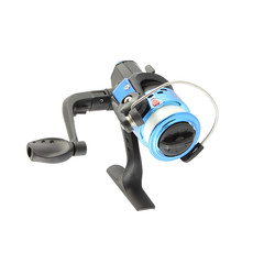 Blue fishing reel with line on white background.