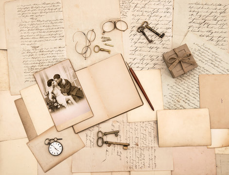 old letters, vintage accessories, diary and photo