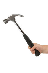 Childs hand holding a hammer on white background