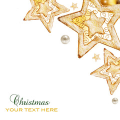 Golden stars, ornaments and holiday decorations