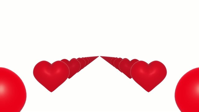 Red hearts flying towards camera on white background.