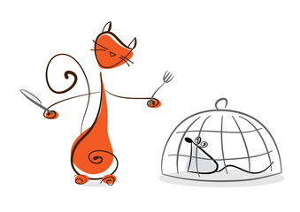 Red cat with knife and fork going to eat prisoned in cage mouse