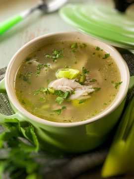soup with chicken and leek, selective focus