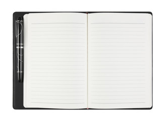 blank black notebook with pen