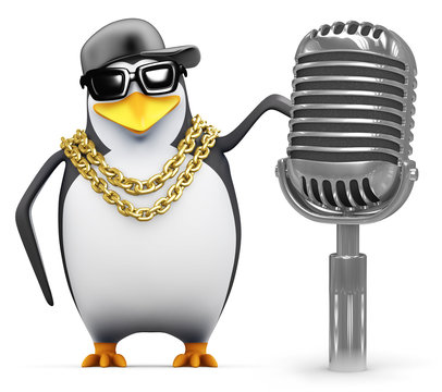 Penguin rapper uses a retro microphone