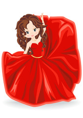 fille brune en robe de soirée rouge