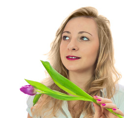 Girl with tulip. Isolate on white background