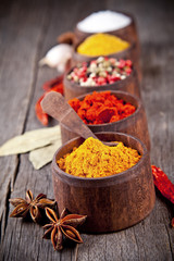  Various kind of spices in wooden bowls