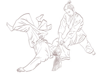 Aikido, Japanese martial art. (Original, hand drawing.)