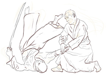 Aikido, Japanese martial art. (Original, hand drawing.)