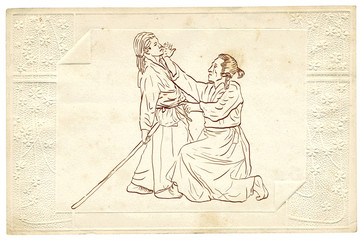 Fototapeta na wymiar Aikido, Japanese martial art. (Original, hand drawing.)