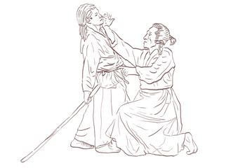 Aikido, Japanese martial art. (Original, hand drawing.)