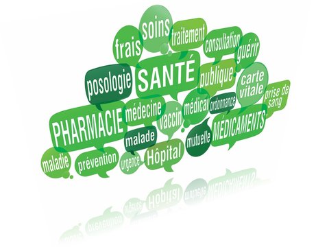 nuage de mots bulles 3d : sant&eacute; pharmacie