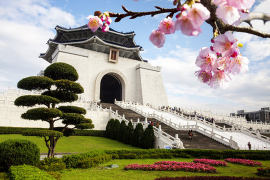 chiang kai shek memorial hall in taiwan with nice sakura flower