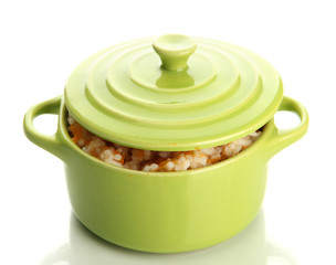 Taste rice porridge with pumpkin in saucepan, isolated on