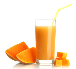 Glass of tasty pumpkin juice and pumpkin, isolated on white