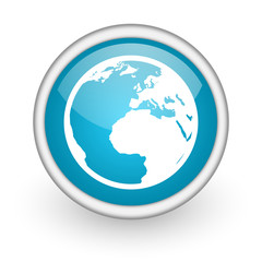 earth blue glossy icon on white background