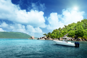 speed boat on the beach of La Digue Island, Seychelles