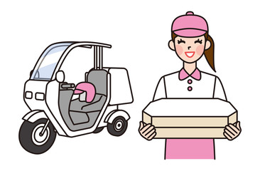 ピザデリバリーの女性と宅配バイク
