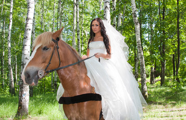 Fototapeta premium young woman in the dress of fiancee on a horse