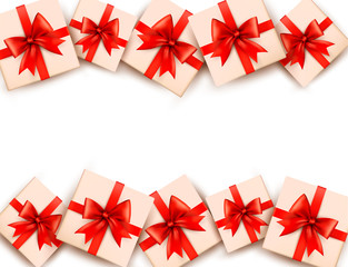 Holiday background with gift boxes and red bows. Vector.
