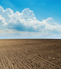 blue cloudy sky and black plowed field