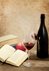 wine glass with vintage books