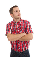 Denkender Mann in rot kariertem Hemd