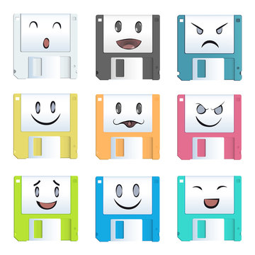 Cute diskettes with face. Vector design isolated on white backgr