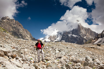 Trekker in high mountains of Georgia Caucasus
