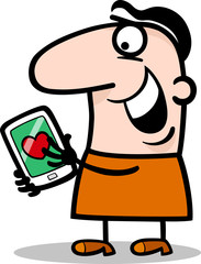 man with love message on tablet cartoon